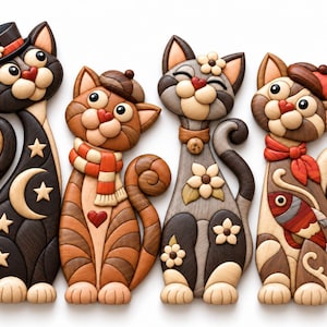 May include: A set of four decorative wooden cat wall art pieces. The first cat is black with stars and a moon. The second is brown with a striped scarf. The third is gray with flower accents. The fourth is light brown with a red scarf and a fish design.
