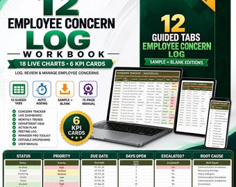 Könnte beinhalten: Ein digitales Arbeitsbuch mit dem Titel 12 Employee Concern Log, das 18 Live-Diagramme und 6 KPI-Karten enthält. Die Anzeige zeigt einen Laptop, ein Tablet und ein Smartphone mit einem Tracker-Protokoll sowie eine Tabelle mit Status- und Ursachendaten.