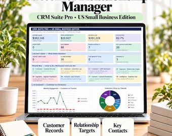 Könnte beinhalten: Ein Laptop-Bildschirm zeigt ein Customer Relationship Manager Dashboard mit dem Titel CRM Suite Pro US Small Business Edition. Die Oberfläche enthält Datentabellen, ein Liniendiagramm und ein Tortendiagramm. Unter dem Bildschirm befinden sich drei weiße Felder mit der Beschriftung Customer Records, Relationship Targets und Key Contacts sowie ein Hinweis auf ein 13-Blatt-Hauptsystem und ein 12-Blatt-Manager-Toolkit.