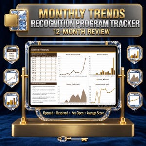 Puede incluir: Un panel de seguimiento de programa de reconocimiento Monthly Trends 12-Month Review con un tablero digital central de gr&aacute;ficos de datos, rodeado de marcos con incrustaciones de cristal, sobre una base dorada con una llave dorada.