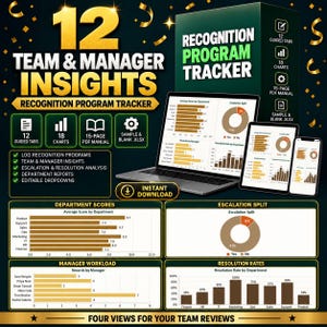 Puede incluir: Un rastreador digital de programas de reconocimiento con una computadora port&aacute;til, tableta y tel&eacute;fono inteligente que muestran gr&aacute;ficos de datos. El texto dice 12 Team & Manager Insights Recognition Program Tracker, 12 Guided Tabs, 18 Charts, 15-Page PDF Manual y Sample & Blank .xlsx.