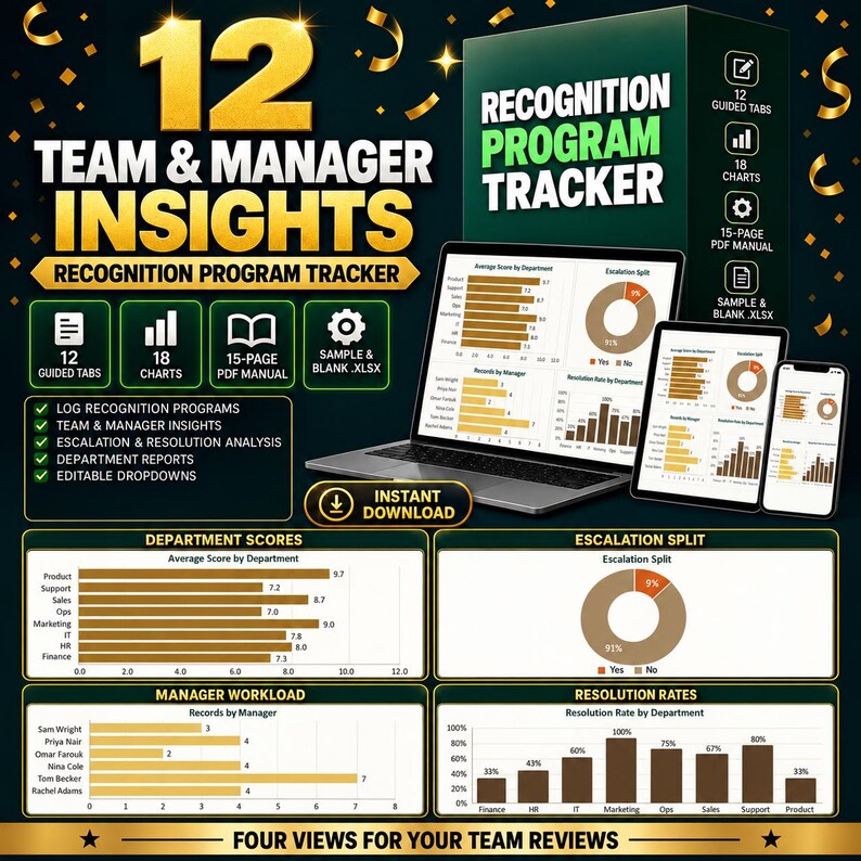 Puede incluir: Un rastreador digital de programas de reconocimiento con una computadora port&aacute;til, tableta y tel&eacute;fono inteligente que muestran gr&aacute;ficos de datos. El texto dice 12 Team & Manager Insights Recognition Program Tracker, 12 Guided Tabs, 18 Charts, 15-Page PDF Manual y Sample & Blank .xlsx.