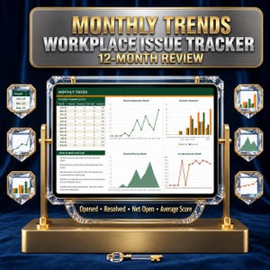 K&ouml;nnte beinhalten: Ein digitaler Bildschirm mit dem Titel Monthly Trends Workplace Issue Tracker 12-Month Review, der Datentabellen und Diagramme zeigt. Der Bildschirm ist in Kristall gefasst, auf einem goldenen Sockel montiert und von sechs kleinen Kristall-Icons umgeben.