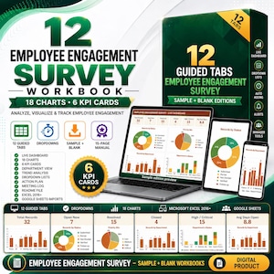 Puede incluir: Un libro de trabajo digital de encuesta de compromiso de empleados con 12 pestañas guiadas, 18 gráficos y 6 tarjetas KPI. La pantalla muestra un portátil, una tableta y un teléfono con paneles de datos, gráficos circulares y de barras.