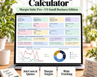 Könnte beinhalten: Ein Laptop-Bildschirm zeigt ein Markup & Margin Calculator Dashboard mit farbigen Datenkacheln, einem Liniendiagramm und einem Kreisdiagramm. Der Text umfasst Margin Suite Pro, US Small Business Edition, Job Costs & Quotes, Margin Targets und Rate Tracking.