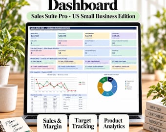 Könnte beinhalten: Ein digitales Sales Performance Dashboard für die US Small Business Edition auf einem Laptop-Bildschirm. Die Benutzeroberfläche zeigt Datentabellen, ein Liniendiagramm, ein Kreisdiagramm und Navigationskacheln. Der Text umfasst Sales Suite Pro, Sales & Margin, Target Tracking und Product Analytics. Ein Notizbuch mit dem Text Plan Track Grow liegt daneben.