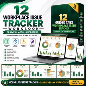 May include: A digital 12 Workplace Issue Tracker workbook featuring a laptop, tablet, and smartphone displaying live dashboards, pie charts, and bar graphs. The green and white interface includes 12 guided tabs, 18 live charts, and 6 KPI cards.
