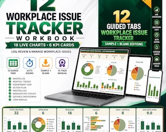 Könnte beinhalten: Ein digitales 12 Workplace Issue Tracker Arbeitsbuch mit Laptop, Tablet und Smartphone, die Live-Dashboards, Tortendiagramme und Balkendiagramme zeigen. Die grün-weiße Benutzeroberfläche enthält 12 geführte Registerkarten und 18 Live-Diagramme.