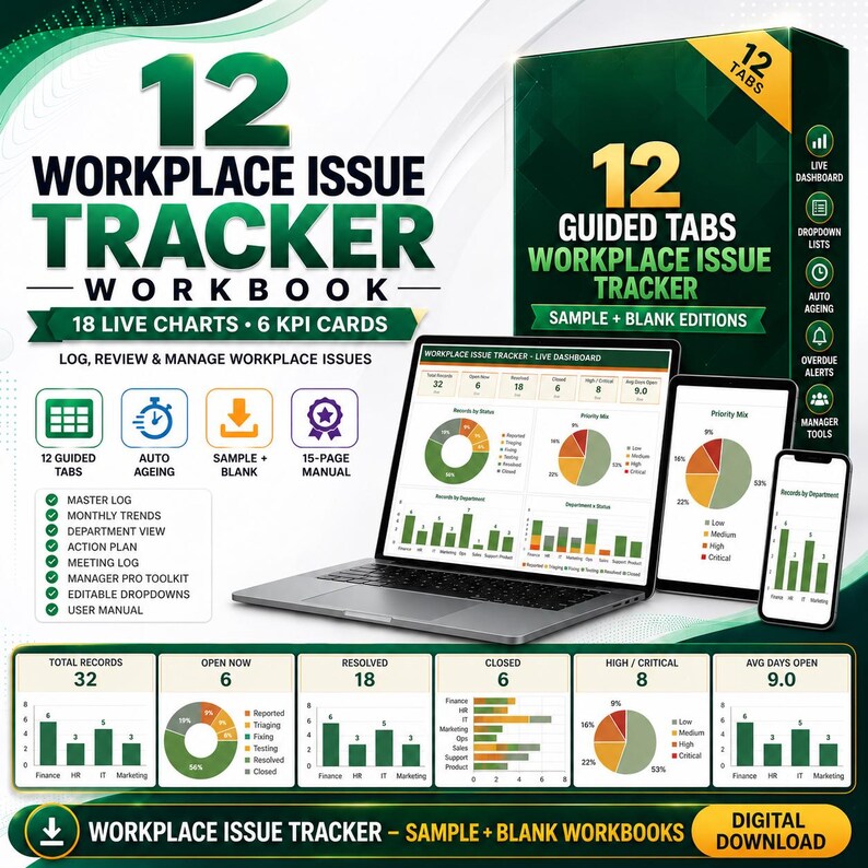 K&ouml;nnte beinhalten: Ein digitales 12 Workplace Issue Tracker Arbeitsbuch mit Laptop, Tablet und Smartphone, die Live-Dashboards, Tortendiagramme und Balkendiagramme zeigen. Die gr&uuml;n-wei&szlig;e Benutzeroberfl&auml;che enth&auml;lt 12 gef&uuml;hrte Registerkarten und 18 Live-Diagramme.