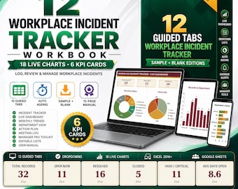 Könnte beinhalten: Ein digitales Arbeitsplatz-Incident-Tracker-Arbeitsbuch mit 12 geführten Reitern, 18 Live-Diagrammen und 6 KPI-Karten. Das Display zeigt einen Laptop, ein Tablet und ein Smartphone mit Daten-Dashboards, Tortendiagrammen und Balkendiagrammen.