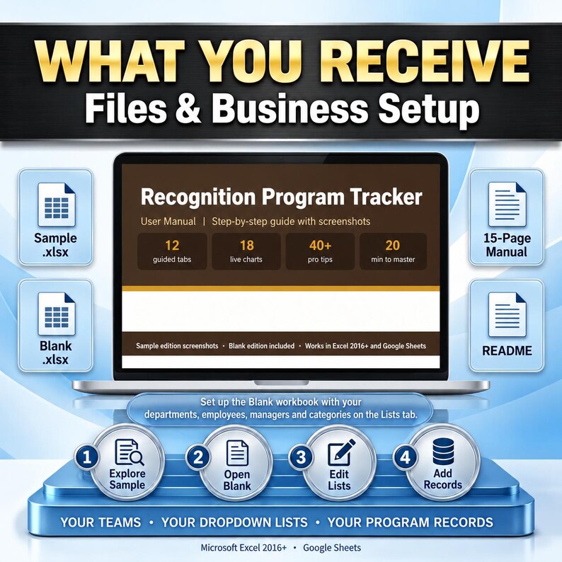 Puede incluir: Una pantalla de producto digital que muestra un Recognition Program Tracker con 12 pesta&ntilde;as, 18 gr&aacute;ficos y 40 consejos. Incluye iconos para archivos, un manual de 15 p&aacute;ginas y un proceso de configuraci&oacute;n de cuatro pasos para Excel y Google Sheets.