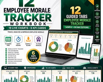 Könnte beinhalten: Ein digitales Arbeitsbuch zur Verfolgung der Mitarbeitermoral mit 12 geführten Registerkarten, 18 Live-Diagrammen und 6 KPI-Karten. Das Display zeigt Laptop, Tablet und Smartphone mit Daten-Dashboards, Tortendiagrammen und Balkendiagrammen.