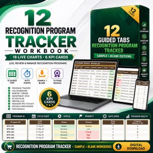 Puede incluir: Un libro de trabajo de seguimiento de programas de reconocimiento 12 con caja, port&aacute;til y tableta que muestran registros de datos, 18 gr&aacute;ficos, 6 tarjetas KPI, 12 pesta&ntilde;as guiadas y un manual de 15 p&aacute;ginas en tonos verde y dorado.
