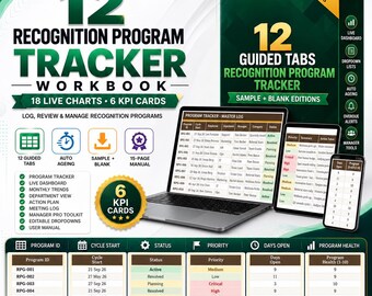 Könnte beinhalten: Ein 12 Recognition Program Tracker Arbeitsbuch als digitaler Download mit Box, Laptop und Tablet, die Datenprotokolle, 18 Live-Diagramme, 6 KPI-Karten, 12 geführte Registerkarten und ein 15-seitiges Handbuch in Grün und Gold zeigen.