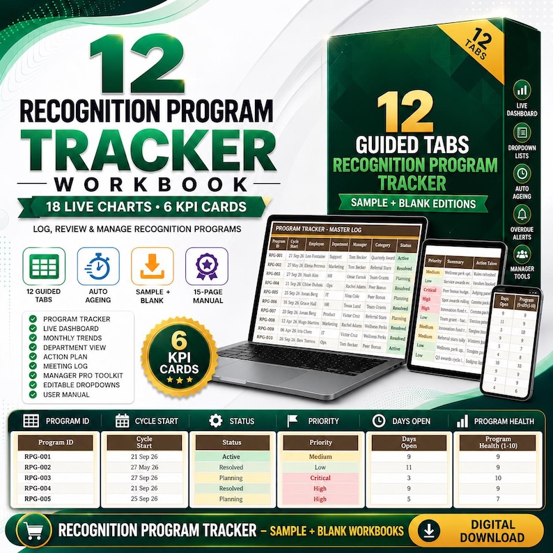 Puede incluir: Un libro de trabajo de seguimiento de programas de reconocimiento 12 con caja, port&aacute;til y tableta que muestran registros de datos, 18 gr&aacute;ficos, 6 tarjetas KPI, 12 pesta&ntilde;as guiadas y un manual de 15 p&aacute;ginas en tonos verde y dorado.