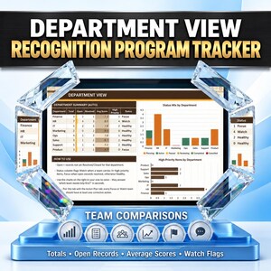Puede incluir: Un panel digital titulado Department View Recognition Program Tracker que muestra res&uacute;menes de departamentos, gr&aacute;ficos de estado y elementos prioritarios. La interfaz incluye seis iconos circulares y etiquetas para totales, registros abiertos, puntuaciones promedio y banderas de seguimiento.