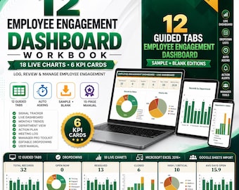 Könnte beinhalten: Ein digitales Arbeitsbuch für ein Mitarbeiter-Engagement-Dashboard mit 12 geführten Reitern, 18 Live-Diagrammen und 6 KPI-Karten. Die Anzeige zeigt einen Laptop, ein Tablet und ein Smartphone mit Datenvisualisierungen in Grün- und Orangetönen.