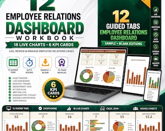 Könnte beinhalten: Ein digitales Employee Relations Dashboard-Arbeitsbuch mit 12 geführten Registerkarten, 18 Live-Diagrammen und 6 KPI-Karten. Das Display zeigt einen Laptop, ein Tablet und ein Smartphone mit Datenvisualisierungen, Tortendiagrammen und Balkendiagrammen.
