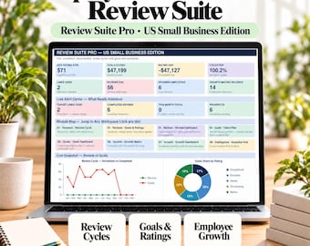 May include: A laptop screen displaying the Employee Performance Review Suite, Review Suite Pro US Small Business Edition. The dashboard features data tables, a line graph, and a pie chart. Text includes Review Cycles, Goals & Ratings, and Employee Growth.
