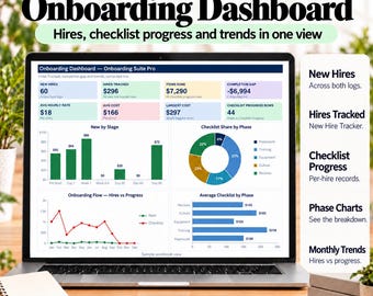 May include: A laptop screen displaying an Onboarding Dashboard with data metrics, a bar chart, a pie chart, and a line graph. The text includes New Hires, Hires Tracked, Checklist Progress, Phase Charts, and Monthly Trends. Live formulas, native charts, no macros.
