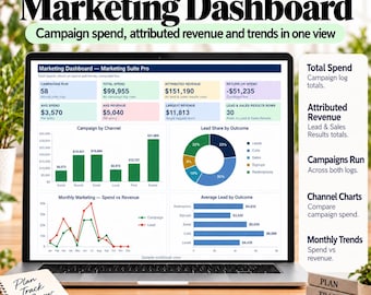 Könnte beinhalten: Ein Laptop-Bildschirm zeigt ein Marketing-Dashboard mit Datenvisualisierungen wie Balkendiagrammen, einem Kreisdiagramm und einem Liniendiagramm. Der Bildschirm zeigt Kennzahlen wie Gesamtausgaben und Umsatz. Ein Notizbuch mit dem Text Plan Track Grow liegt daneben.