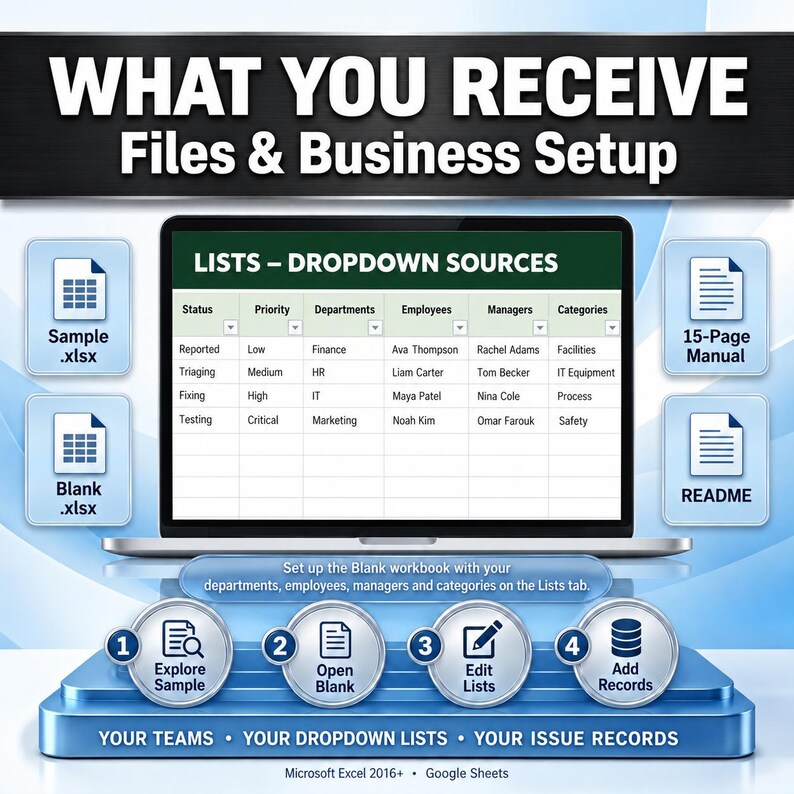 K&ouml;nnte beinhalten: Eine digitale Produktanzeige zeigt einen Laptop-Bildschirm mit einer Tabelle mit dem Titel LISTS - DROPDOWN SOURCES. Symbole stellen Dateien dar, darunter Sample.xlsx, Blank.xlsx, ein 15-seitiges Handbuch und eine README-Datei.