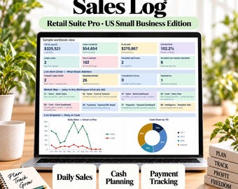 Könnte beinhalten: Eine digitale Retail Daily Sales Log Arbeitsmappe auf einem Laptop-Bildschirm mit einem Dashboard für Verkaufszahlen, Cashflow-Diagrammen und einer Modulübersicht für die tägliche Verkaufs-, Finanz- und Zahlungsplanung.