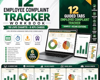 Könnte beinhalten: Ein digitales 12 Employee Complaint Tracker Arbeitsbuch mit Laptop, Tablet und Smartphone, die Live-Dashboards, Tortendiagramme und Balkendiagramme zeigen. Die grün-weiße Oberfläche enthält 18 Live-Diagramme, 6 KPI-Karten und 12 geführte Reiter.