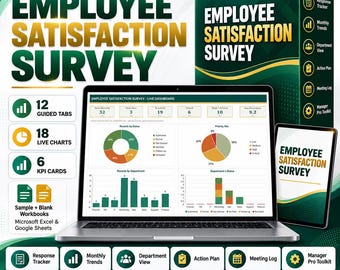 Könnte beinhalten: Ein digitales Employee Satisfaction Survey Dashboard auf Laptop und Tablet mit Diagrammen, 12 geführten Tabs, 18 Live-Diagrammen und 6 KPI-Karten. Enthält Beispiel- und leere Arbeitsmappen für Microsoft Excel und Google Sheets.