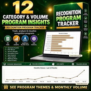 Puede incluir: Un rastreador digital de programas de reconocimiento en la pantalla de una computadora port&aacute;til, con un gr&aacute;fico de barras de registros por categor&iacute;a y un gr&aacute;fico lineal que muestra el volumen mensual durante doce meses.