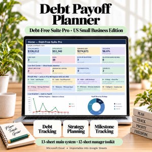 Puede incluir: Una hoja de cálculo digital Debt Payoff Planner en la pantalla de una computadora portátil, con secciones para seguimiento de deudas, planificación estratégica y seguimiento de hitos. La interfaz incluye tablas de datos, un gráfico lineal y uno circular.
