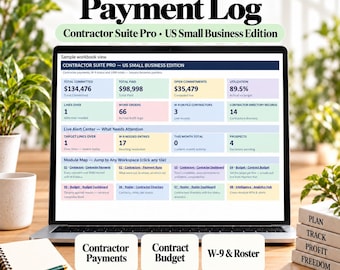 Könnte beinhalten: Ein Laptop-Bildschirm zeigt eine 1099 Contractor Payment Log Arbeitsmappe. Das Dashboard enthält Bereiche für Gesamtzusagen, Zahlungen und offene Verpflichtungen sowie eine Modulübersicht für Zahlungen, Budgets sowie W-9 und Roster.