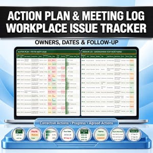 K&ouml;nnte beinhalten: Eine digitale Tabelle mit dem Titel Action Plan & Meeting Log Workplace Issue Tracker mit Spalten f&uuml;r Eigent&uuml;mer, Daten und Nachverfolgung. Die Benutzeroberfl&auml;che zeigt zwei Haupttabellen, Korrekturma&szlig;nahmen und kreisf&ouml;rmige Datensymbole.