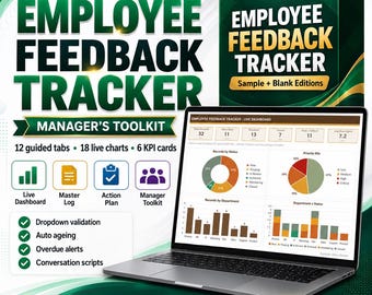 Könnte beinhalten: Ein Employee Feedback Tracker Manager-Toolkit als digitales Produkt mit einem Laptop, der ein Live-Dashboard mit Diagrammen und KPI-Karten anzeigt. Enthält 12 geführte Registerkarten, 18 Live-Diagramme und 6 KPI-Karten für Excel und Google Sheets.