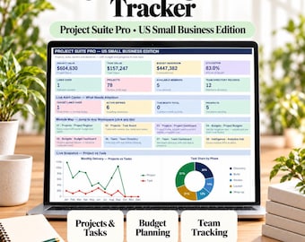 Könnte beinhalten: Ein digitales Projektmanagement-Tool auf einem Laptop-Bildschirm. Die Benutzeroberfläche zeigt Datentabellen, ein Liniendiagramm und ein Kreisdiagramm. Der Text umfasst Project Management Tracker, Project Suite Pro, US Small Business Edition, Projects & Tasks, Budget Planning und Team Tracking.