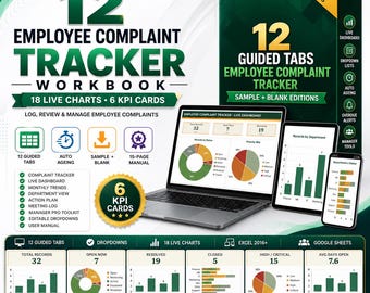 Könnte beinhalten: Ein digitales 12 Employee Complaint Tracker Arbeitsbuch mit Laptop, Tablet und Smartphone, die Live-Dashboards, Tortendiagramme und Balkendiagramme zeigen. Die grün-weiße Oberfläche enthält 18 Live-Diagramme, 6 KPI-Karten und 12 geführte Reiter.