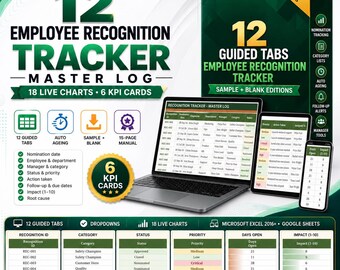 Könnte beinhalten: Ein digitaler Tracker für Mitarbeiteranerkennung mit 12 geführten Reitern, 18 Live-Diagrammen und 6 KPI-Karten. Die Darstellung zeigt einen Laptop, ein Tablet und ein Smartphone mit Datentabellen, Statusspalten und Prioritätsstufen in Grün und Weiß.