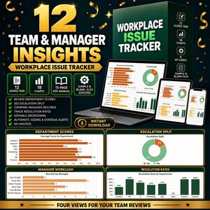 K&ouml;nnte beinhalten: Ein digitales Dashboard zur Verfolgung von Problemen am Arbeitsplatz, angezeigt auf einem Laptop, Tablet und Smartphone. Die Oberfl&auml;che zeigt Diagramme, Abteilungsbewertungen und Raten. Text: 12 Team & Manager Insights.