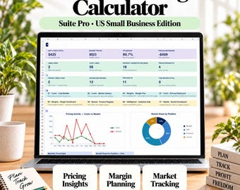 Könnte beinhalten: Ein Laptop-Bildschirm zeigt eine Product Pricing Calculator-Tabelle mit Datentabellen, einem Liniendiagramm und einem Kreisdiagramm. Der Text umfasst Product Pricing Calculator, Suite Pro, US Small Business Edition, Pricing Insights, Margin Planning und Market Tracking.