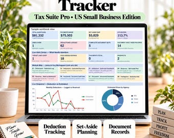Könnte beinhalten: Ein Laptop-Bildschirm zeigt das Dashboard des Tax Deduction Tracker Tax Suite Pro US Small Business Edition mit Finanzdaten, Diagrammen und Modulen. Darunter befinden sich drei weiße Schaltflächen mit der Aufschrift Deduction Tracking, Set-Aside Planning und Document Records.