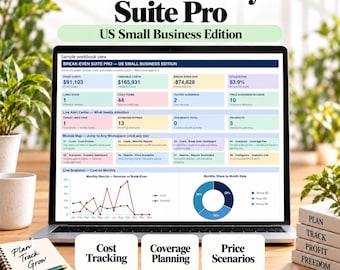 Könnte beinhalten: Ein Laptop-Bildschirm zeigt das Dashboard der Break-Even Analysis Suite Pro US Small Business Edition mit Finanzdaten, Diagrammen und Kennzahlen. Darunter stehen drei weiße Karten mit den Aufschriften Cost Tracking, Coverage Planning und Price Scenarios.