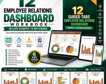 Könnte beinhalten: Ein digitales Employee Relations Dashboard-Arbeitsbuch mit 12 geführten Registerkarten, 18 Live-Diagrammen und 6 KPI-Karten. Das Display zeigt einen Laptop, ein Tablet und ein Smartphone mit Datenvisualisierungen, Tortendiagrammen und Balkendiagrammen.
