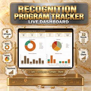 Puede incluir: Un panel de control digital Recognition Program Tracker en una pantalla de tableta, con varios gr&aacute;ficos de datos, tarjetas KPI y m&eacute;tricas de estado. La interfaz incluye etiquetas de texto, gr&aacute;ficos circulares y de barras sobre un soporte dorado.