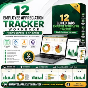 May include: A digital Employee Appreciation Tracker workbook featuring 12 guided tabs, 18 live charts, and 6 KPI cards. The display shows a laptop, tablet, and smartphone screen with data dashboards, pie charts, and bar graphs in green and gold.