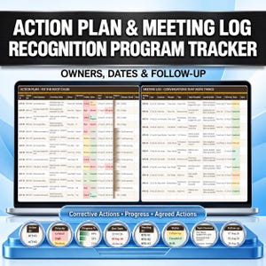 Puede incluir: Un plan de acci&oacute;n digital y un registro de reuniones para el seguimiento de programas de reconocimiento en una pantalla. La interfaz incluye columnas para ID de acci&oacute;n, res&uacute;menes de problemas, acciones correctivas, propietarios y fechas.