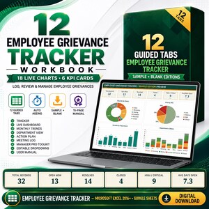 Puede incluir: Un libro de trabajo digital para el seguimiento de quejas de empleados con 12 pestañas guiadas, 18 gráficos en vivo y 6 tarjetas KPI. La pantalla muestra un panel con registros, gráficos circulares y de barras en tonos verde y dorado.