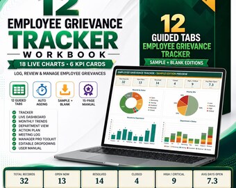 Könnte beinhalten: Ein digitales Arbeitsbuch zur Nachverfolgung von Mitarbeiterbeschwerden mit 12 geführten Reitern, 18 Live-Diagrammen und 6 KPI-Karten. Der Laptop-Bildschirm zeigt ein Dashboard mit Datensätzen, Kreisdiagrammen und Balkengrafiken in Grün und Gold.