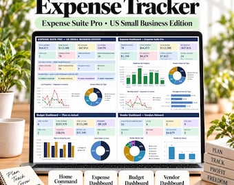 Könnte beinhalten: Ein Laptop-Bildschirm zeigt eine Business Expense Tracker-Tabelle mit mehreren Dashboards, Diagrammen und Finanzdatentabellen. Die Benutzeroberfläche enthält Abschnitte für Ausgaben-, Budget- und Lieferantenverwaltung sowie Beschriftungen für das Home Command Center.