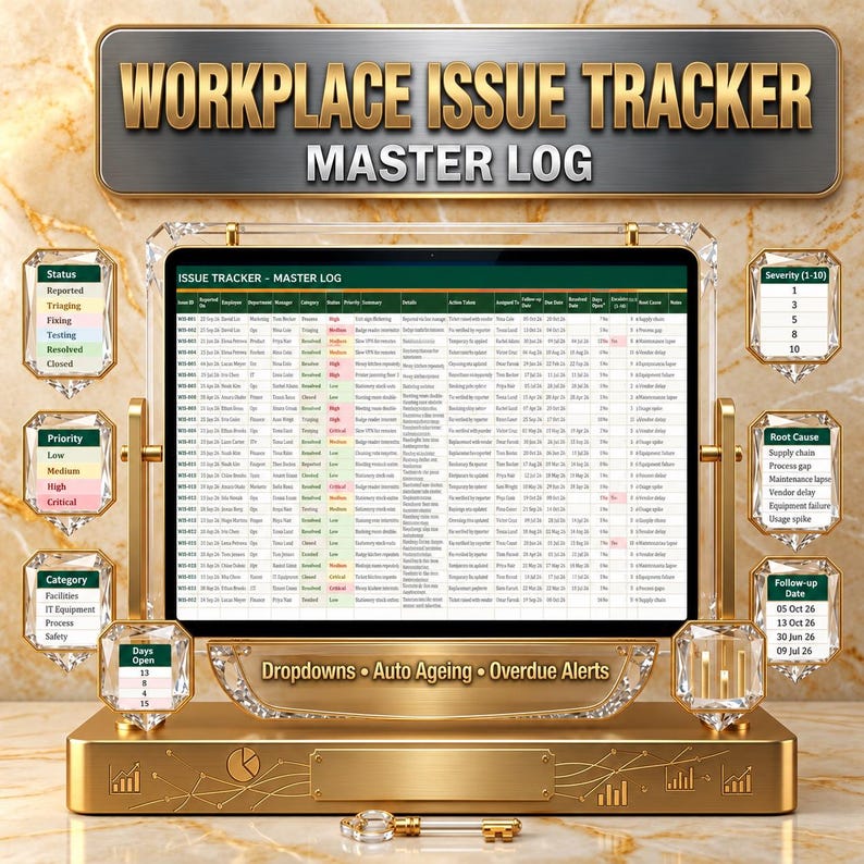 K&ouml;nnte beinhalten: Eine digitale Arbeitsplatz-Problemverfolgung mit einer zentralen Tabelle, die Spalten f&uuml;r Status, Priorit&auml;t und Ursache enth&auml;lt. Der Rahmen ist goldfarben mit Kristallakzenten und seitlichen Anzeigetafeln f&uuml;r Schweregrad und Kategorien.