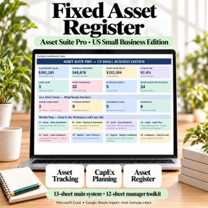 固定資産台帳スプレッドシート、Excel資産トラッカー、減価償却ワークシート、設備投資プランナー、Googleスプレッドシートインポート